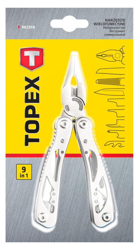 TOPEX Multifunkciós szerszám, 9 funkció, silver, súly 222 g, nyitva/összecsukva: 165mm/105mm 98Z058