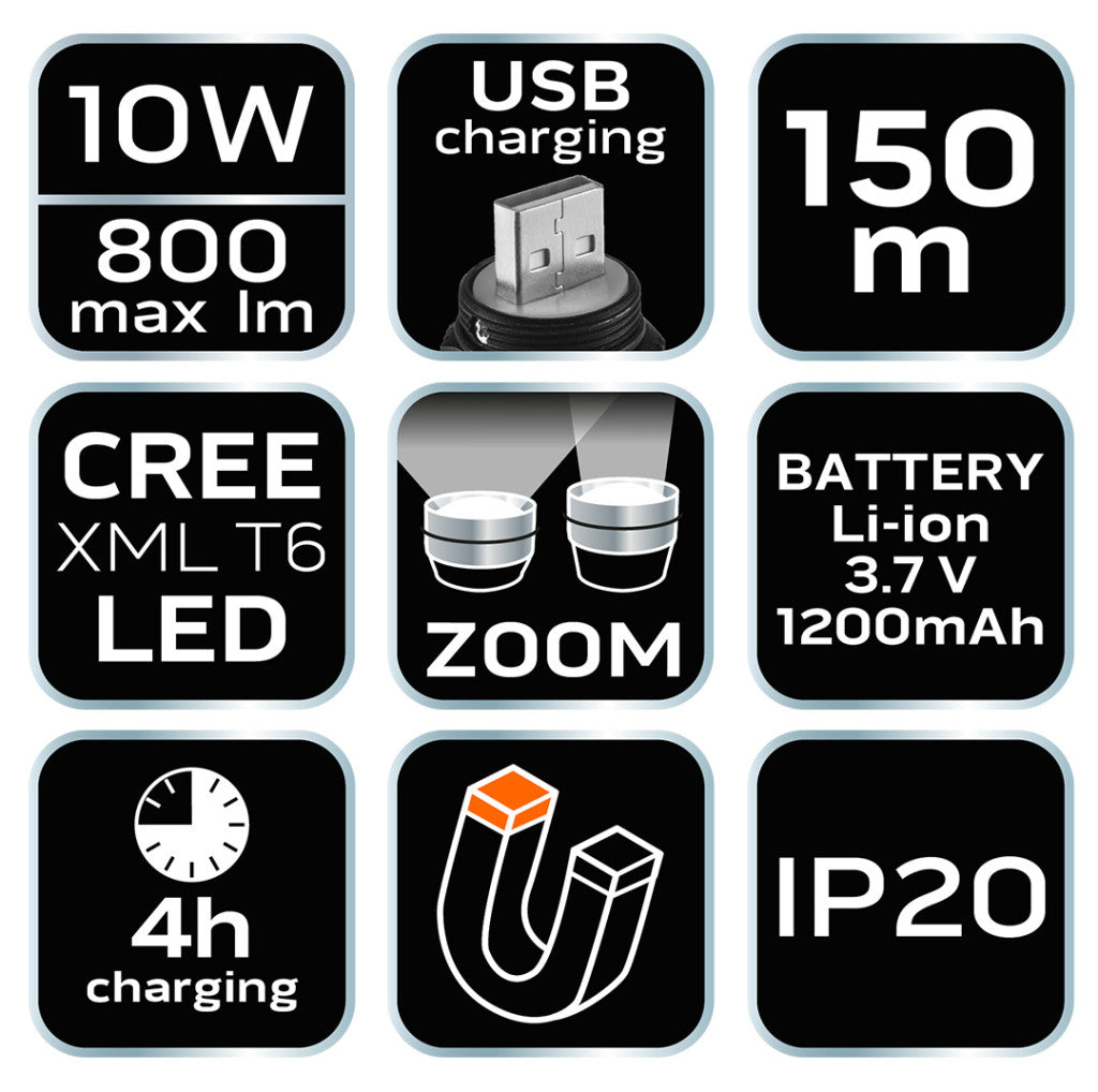 NEO TOOLS Fejlámpa + zseblámpa 2az1-ben, tölthető USB 800lum CREExML-T6 LED, 10W 99-026