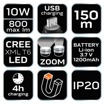 NEO TOOLS Fejlámpa + zseblámpa 2az1-ben, tölthető USB 800lum CREExML-T6 LED, 10W 99-026