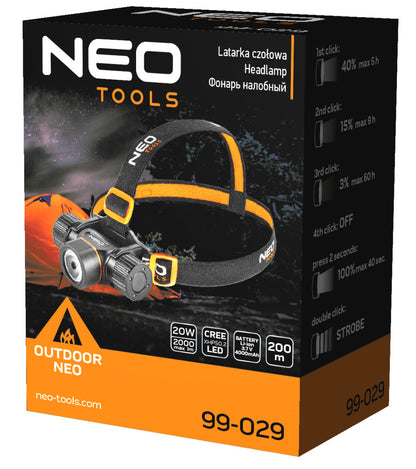 NEO TOOLS Fejlámpa + zseblámpa 2az1-ben, tölthető, USB 2000lum CREExHP50.2 LED, 20W 99-029