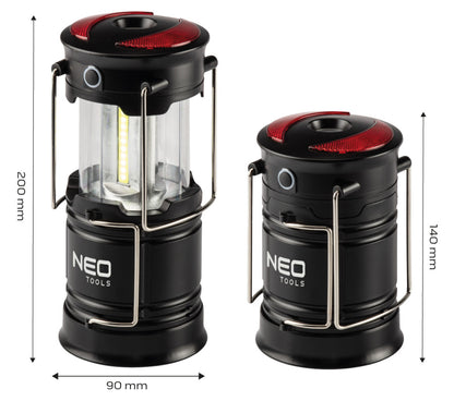 NEO TOOLS Kempinglámpa, 3 funkciós, összecsukható, 200lum, elemes 3xAA, COB LED, 3W 99-030