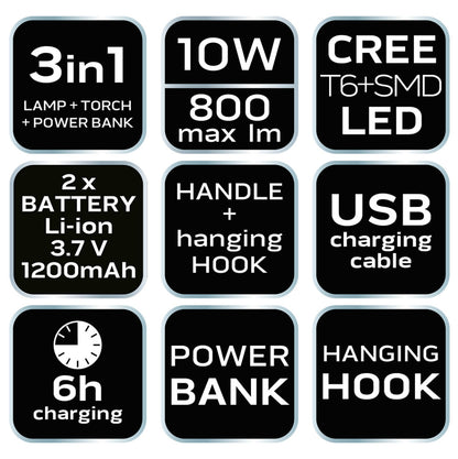 NEO TOOLS Kempinglámpa, tölthető, 3 funkciós, 800lum, CREE T6 + SMD LED, powerbank funkció, 10W 99-031