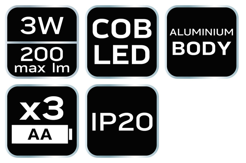 NEO TOOLS Zseblámpa, elemes 3xAA, 200lum, COB LED, 3W 99-032