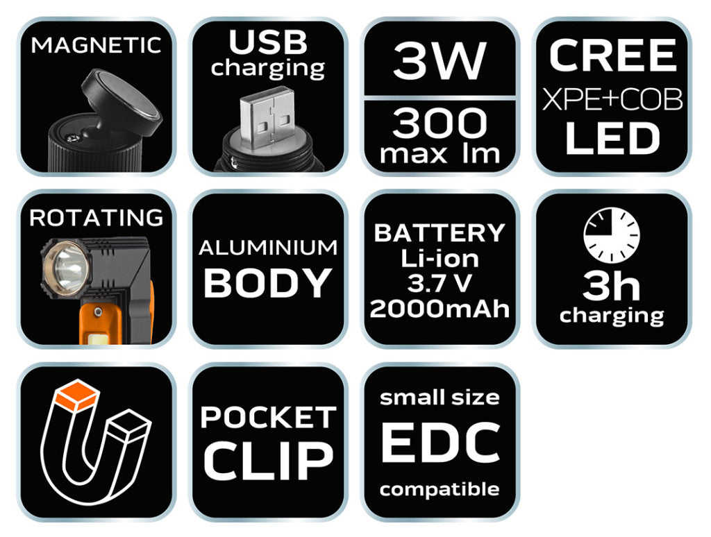NEO TOOLS Zseblámpa, tölthető, 2 funkciós USB 300lum, CREExPE + COB LED, 3W 99-034