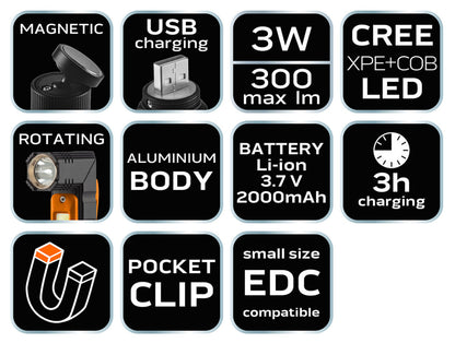 NEO TOOLS Zseblámpa, tölthető, 2 funkciós USB 300lum, CREExPE + COB LED, 3W 99-034
