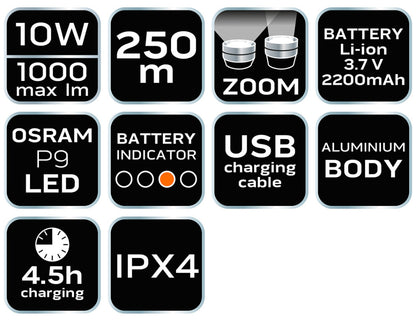NEO TOOLS Zseblámpa tölthető, USB, 1000lum, OSRAM P9 LED, 10W 99-035