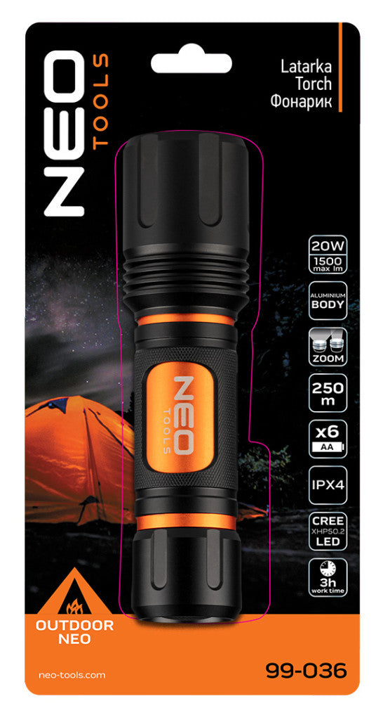 NEO TOOLS Zseblámpa, elemes 6xAA, 1500lum, CREExHP50.2 LED, 20W 99-036