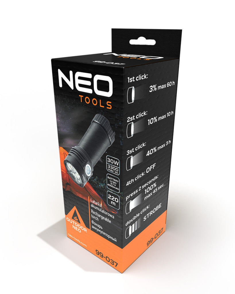 NEO TOOLS Zseblámpa, tölthető, USB, 3300lum, OSRAM P9 LED, 30W 99-037