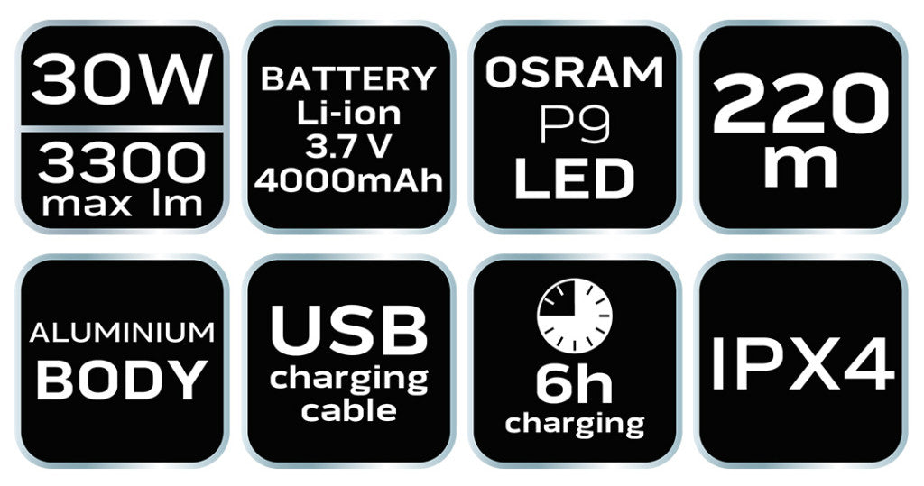 NEO TOOLS Zseblámpa, tölthető, USB, 3300lum, OSRAM P9 LED, 30W 99-037