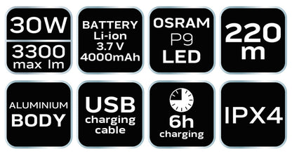NEO TOOLS Zseblámpa, tölthető, USB, 3300lum, OSRAM P9 LED, 30W 99-037