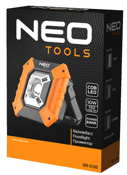 NEO TOOLS Reflektor, talpas, elemes 3xAA, COB LED 750lum, powerbank funkció, 10W 99-038