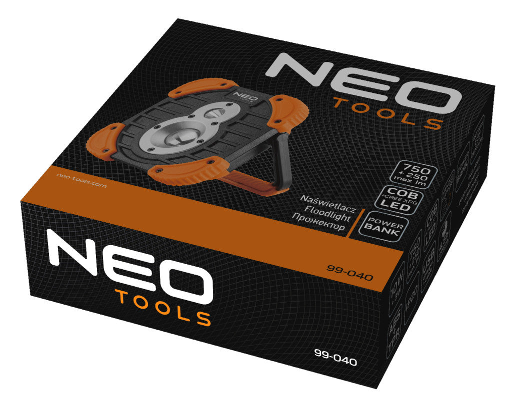 NEO TOOLS Akkus reflektor, talpas, tölthető, 750 + 250lum COB LED, powerbank funkció, 10W 99-040