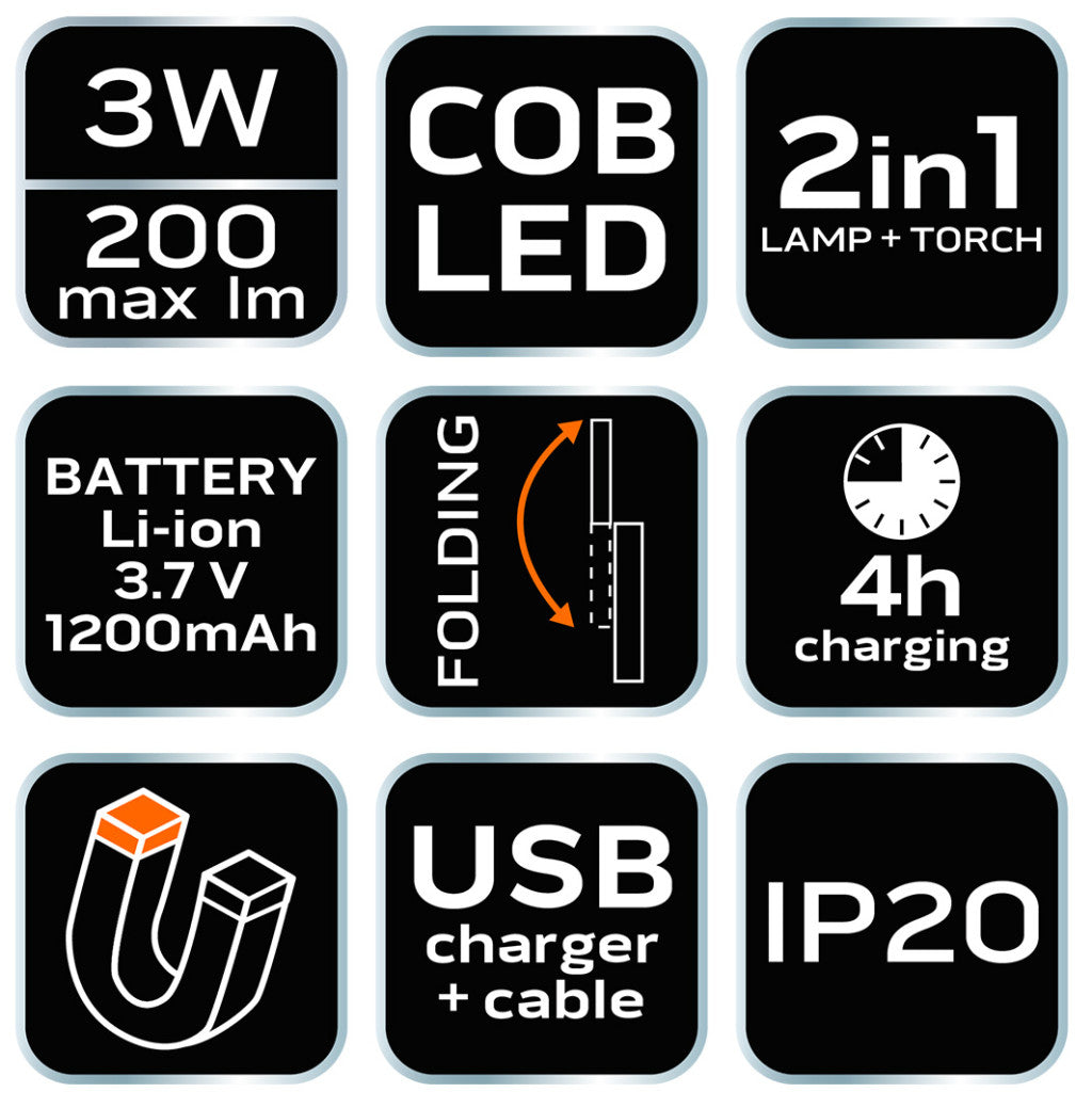 NEO TOOLS Akkus műhely-vizsgálólámpa, tölthető, 200lum COB LED, 3W 99-041