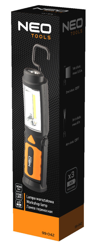 NEO TOOLS Műhelylámpa, elemes 3xAA, 300 lum COB led, 2az1-ben 99-042