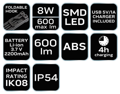 NEO TOOLS Akkus műhely-vizsgálólámpa, tölthető, 10W, SMD 600 lum 99-043
