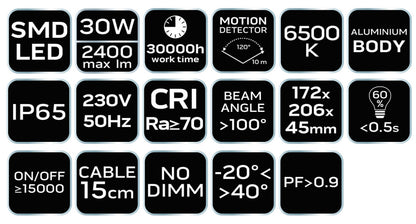 NEO TOOLS Reflektor, mozgásérzékelős, 230V/30W, 2400 lum, SMD led 2 év garanciával 99-049