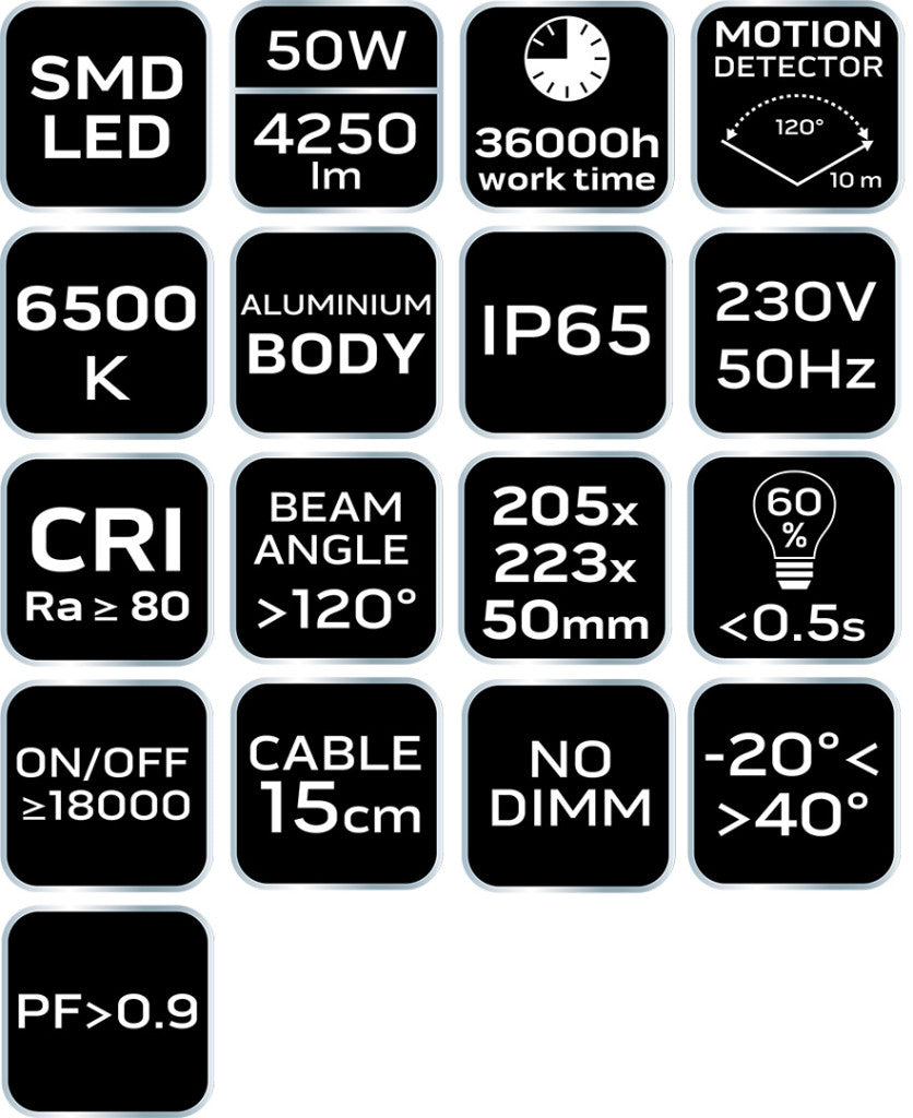 NEO TOOLS Reflektor, mozgásérzékelős, 230V/50W 4000lum SMD led 2 év garanciával 99-050