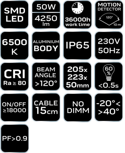 NEO TOOLS Reflektor, mozgásérzékelős, 230V/50W 4000lum SMD led 2 év garanciával 99-050