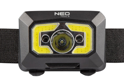 NEO TOOLS Fejlámpa, tölthető, USB, 250 lum, COB LED + mozgásérzékelővel 99-073