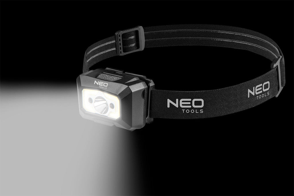 NEO TOOLS Fejlámpa, tölthető, USB, 250 lum, COB LED + mozgásérzékelővel 99-073
