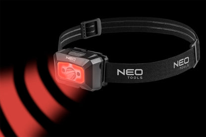 NEO TOOLS Fejlámpa, tölthető, USB, 250 lum, COB LED + mozgásérzékelővel 99-073