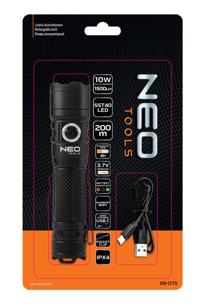 NEO TOOLS Zseblámpa, tölthető, USB C, 1500 lum, SST 40 LED 99-075