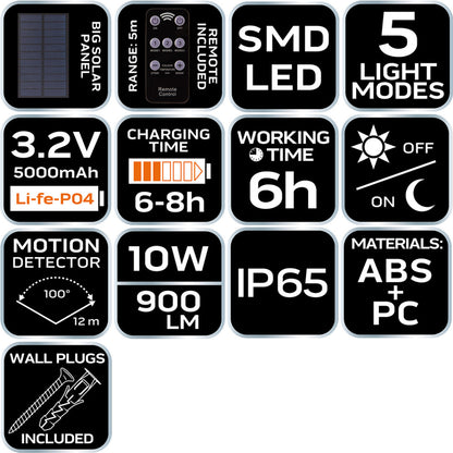 NEO TOOLS Napelemes fali reflektor távirányítóval, mozgásérzékelő, SMD LED 900 lum 99-091