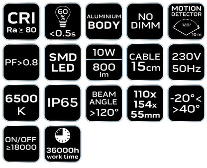 NEO TOOLS Reflektor, mozgásérzékelős, 230V/10W, 800lum, SMD led 2 év garanciával 99-094