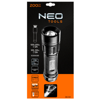 NEO TOOLS Alumínium zseblámpa 200 lum, fókuszálható, IPX7, 3xAAA 99-101