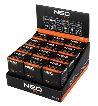 NEO TOOLS Fejlámpák kínálódobozban, tölthető, 500 lum fényerő, COB led, Rendelési egység: 12db 99-115