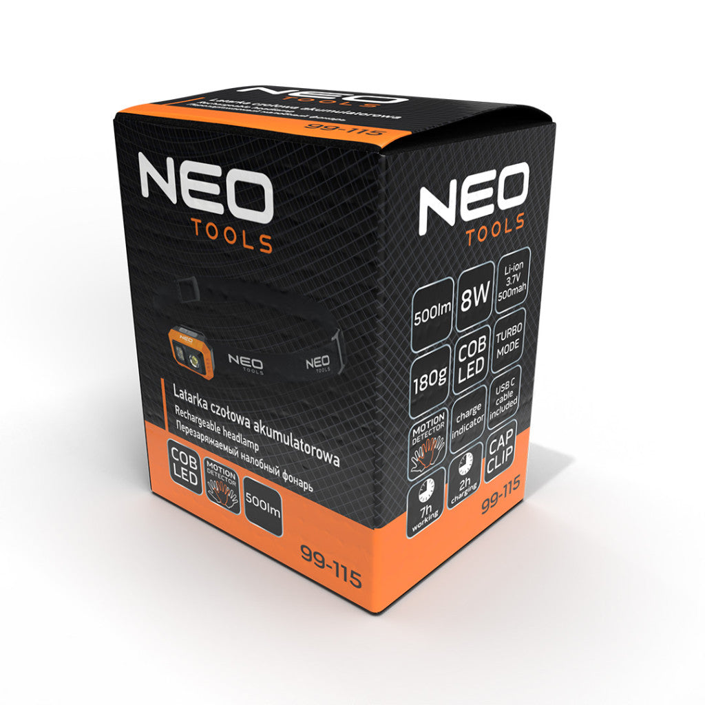 NEO TOOLS Fejlámpák kínálódobozban, tölthető, 500 lum fényerő, COB led, Rendelési egység: 12db 99-115