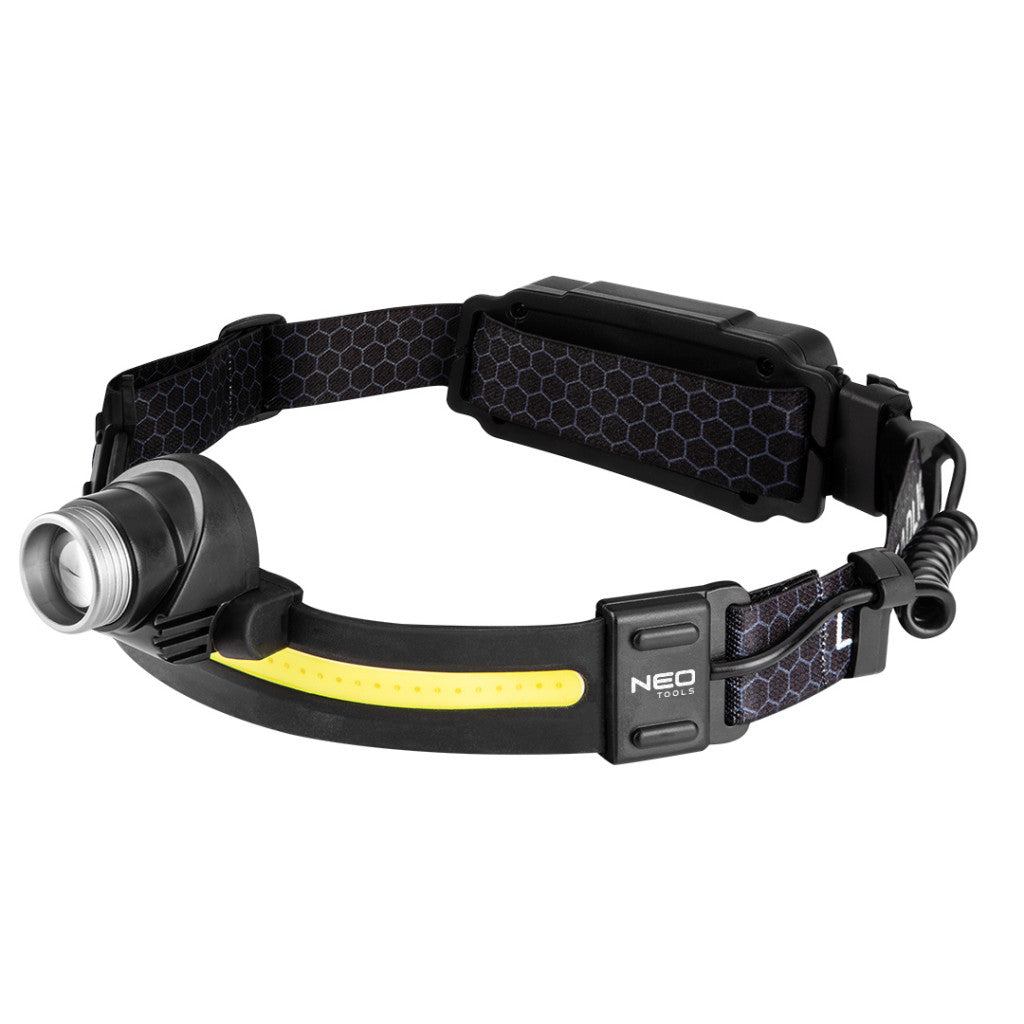 NEO TOOLS Fejlámpa, XPG+COB led, 400lm fényerő, ABS és gumi pánt, beépített akku, töltéskijelző 99-117