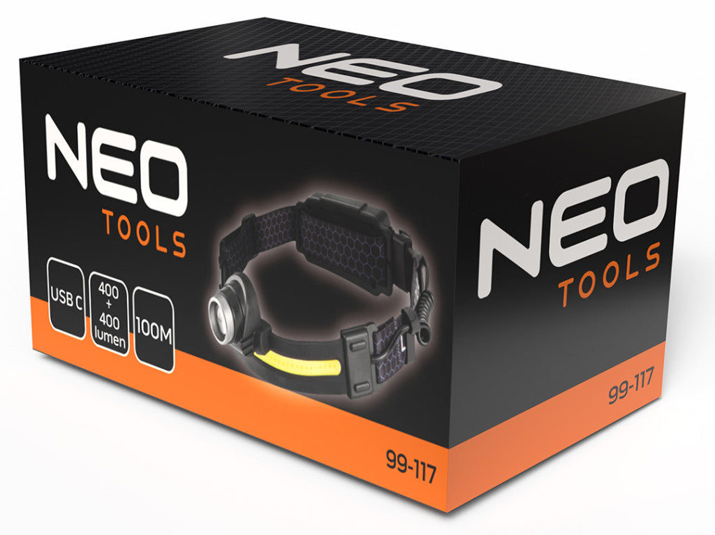 NEO TOOLS Fejlámpa, XPG+COB led, 400lm fényerő, ABS és gumi pánt, beépített akku, töltéskijelző 99-117