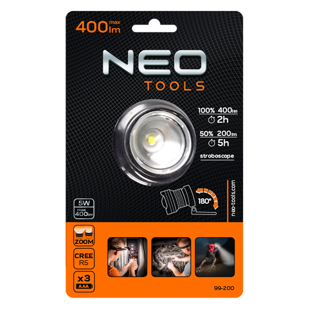 NEO TOOLS Fejlámpa 400 lum, fókuszálható, CREE R5, 3xAAA 99-200