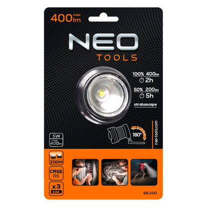NEO TOOLS Fejlámpa 400 lum, fókuszálható, CREE R5, 3xAAA 99-200