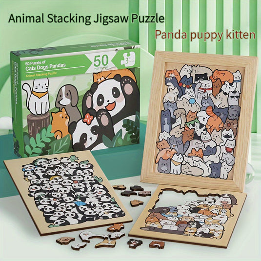 50 db-os fa puzzle, vegyes színekben, szabálytalan alakú kutya, macska, panda kialakítás