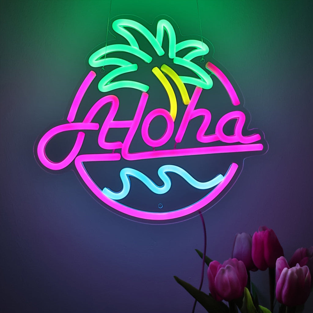 Aloha Pálmafa Tengerparti LED Neon Tábla