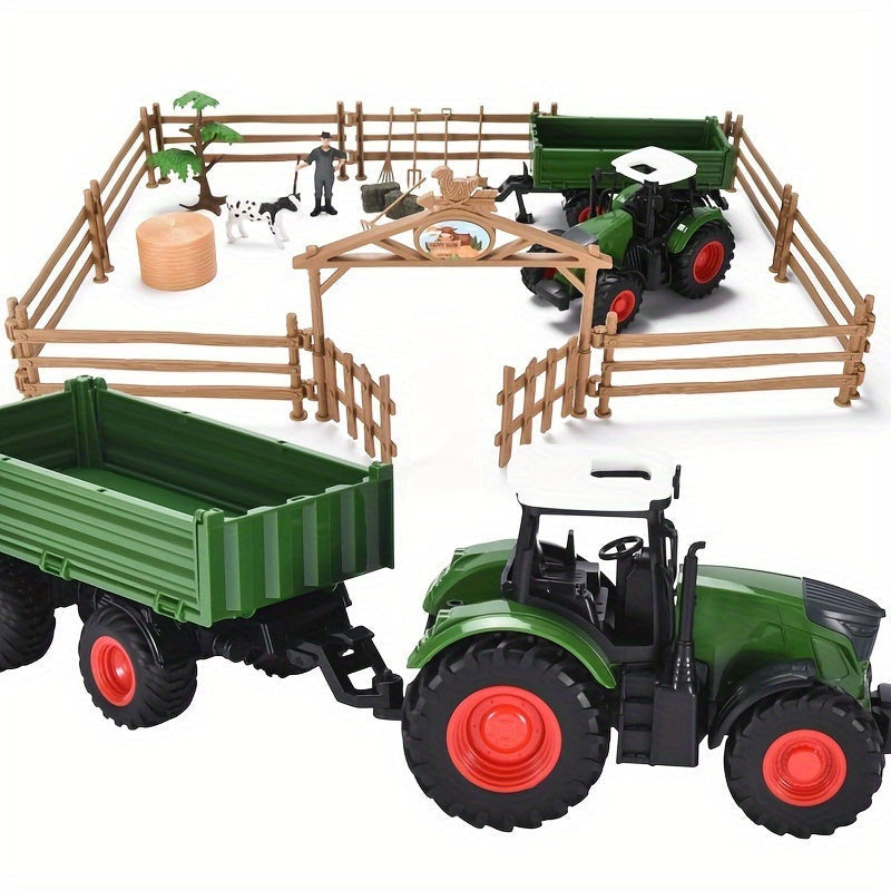 Zöld traktor és pótkocsi játékkészlet farmer kocsival