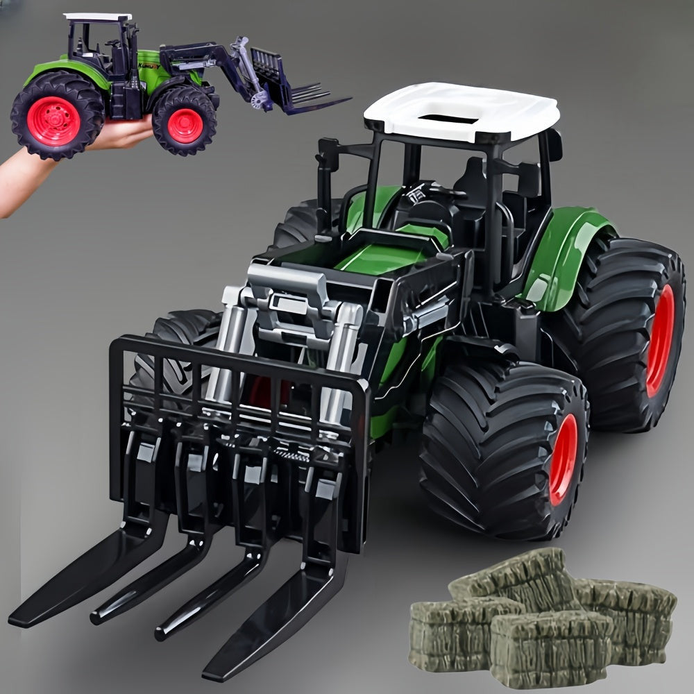 1/24 méretarányú traktor játékkészlet rakodókarral és széna bálákkal