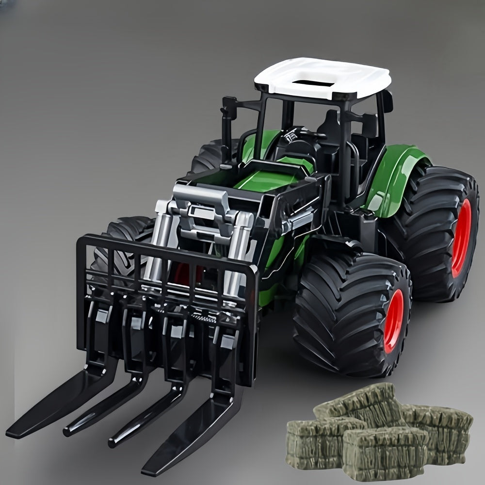 1/24 méretarányú traktor játékkészlet rakodókarral és széna bálákkal