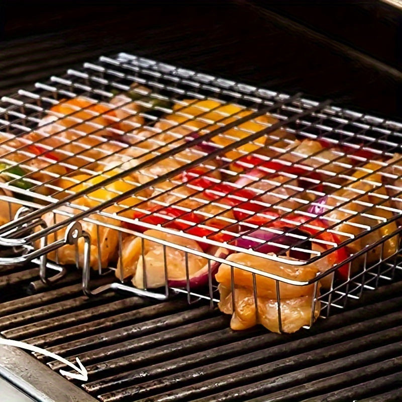 1db Nagy Rozsdamentes Acél BBQ Grillkosár Fogantyúval