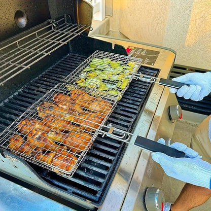 1db Nagy Rozsdamentes Acél BBQ Grillkosár Fogantyúval