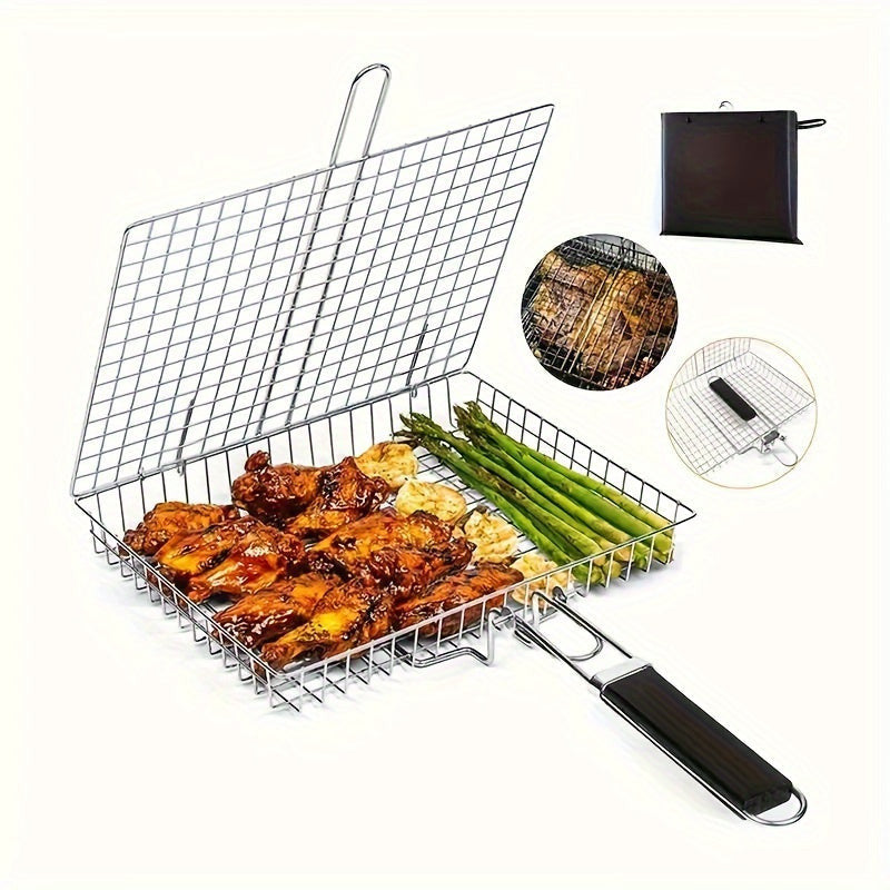 1db Nagy Rozsdamentes Acél BBQ Grillkosár Fogantyúval