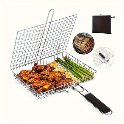 1db Nagy Rozsdamentes Acél BBQ Grillkosár Fogantyúval