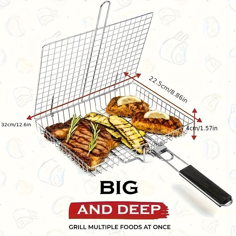 1db Nagy Rozsdamentes Acél BBQ Grillkosár Fogantyúval