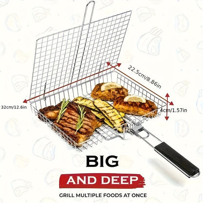 1db Nagy Rozsdamentes Acél BBQ Grillkosár Fogantyúval