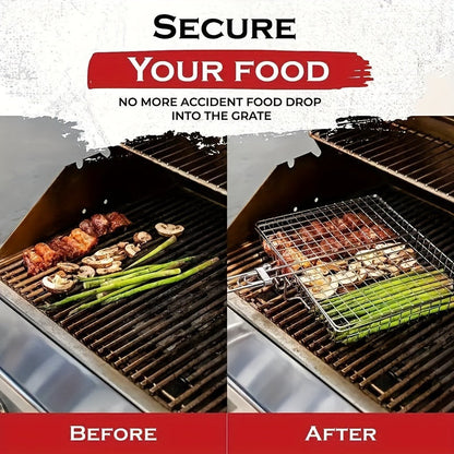 1db Nagy Rozsdamentes Acél BBQ Grillkosár Fogantyúval