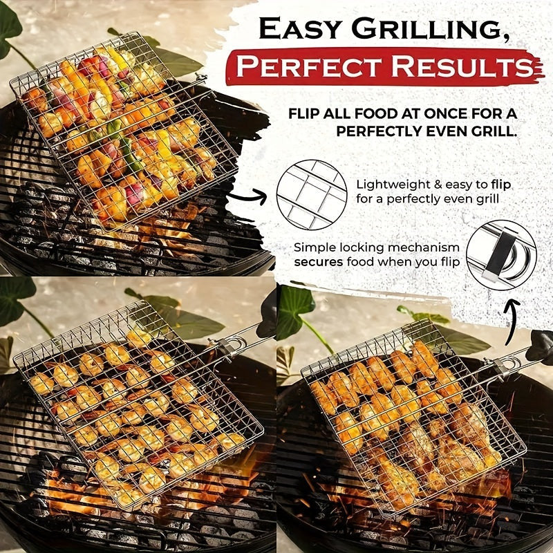 1db Nagy Rozsdamentes Acél BBQ Grillkosár Fogantyúval