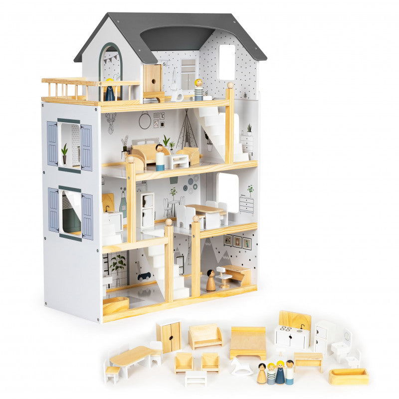 Baba ház 17 darab fából készült bútorral - ECOTOYS - gyerekeknek, játék, baba, bútor, fa, kreatív, minőségi