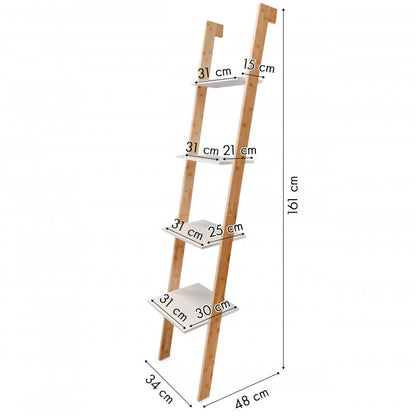 Bambusz létrás könyvespolc - modern lakberendezés, praktikus tárolás, természetes anyagok, minimalista design.
